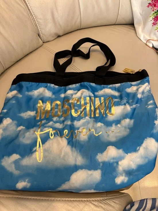 Moschino Blue Cloud Print Tote with Gold Logo and Black Handles - Picture 1 of 6